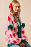 Pink Colorblock Checkered Open Front Knit Cardigan