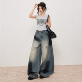 Women's Distressed Slash Denim Pants Spray Painted Vintage Loose Wide Leg Trousers