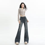Wide Leg Flared Pants High Waist Long Length Loose Fit Raw Hem Denim Jeans for Women