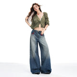 Loose Wide-Leg Denim Pants for Women with Vintage Embroidery and Stud Details,