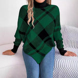 Women's autumn and winter Christmas fashion casual contrast color plaid high collar long sleeve cape sweater