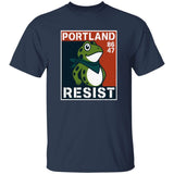 Navy blue t-shirt with a graphic of a frog and text 'Portland 86 47 Resist' on a white background