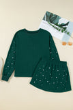 Dark Green Pearl Embellished Drop Shoulder Pullover Elastic Waist Mini Skirt Set