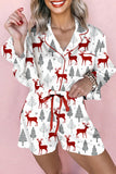 White Christmas Reindeer Print Knot Shorts Pajama Set