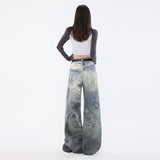 Graffiti Distressed Hand-painted Print Light Blue High Waist Wide Leg Jeans