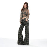 Casual Camouflage Flared Cargo Pants for Women Low Waist Wide Leg Jeans Long Style