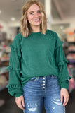Evergreen Twisted Ribbed Tiered Ruffles Long Sleeve Pullover Top