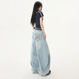 Dye-Effect Knife-Edge Denim Pants Mid-Waist Patchwork Wide-Leg Floor-Length Pants