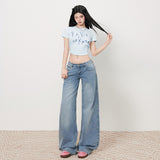Women's Low-Waist Elastic Pattern Straight Jeans Summer Light Color Floor-Length Wide-Leg Pants