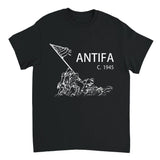 Black t-shirt with white graphic and 'ANTIFA C. 1945' text on a white background