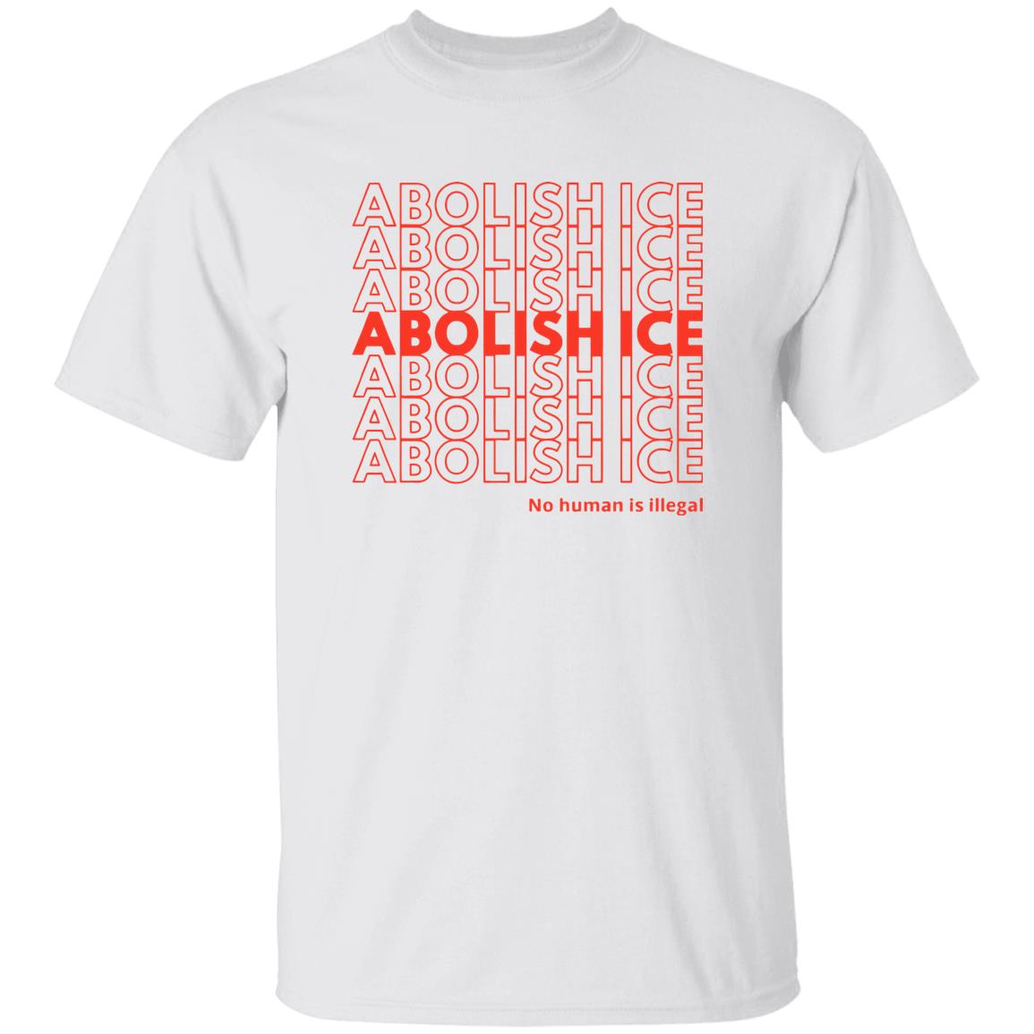 White t-shirt with red 'ABOLISH ICE' text on a white background