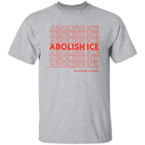 Gray t-shirt with red 'ABOLISH ICE' text on a white background