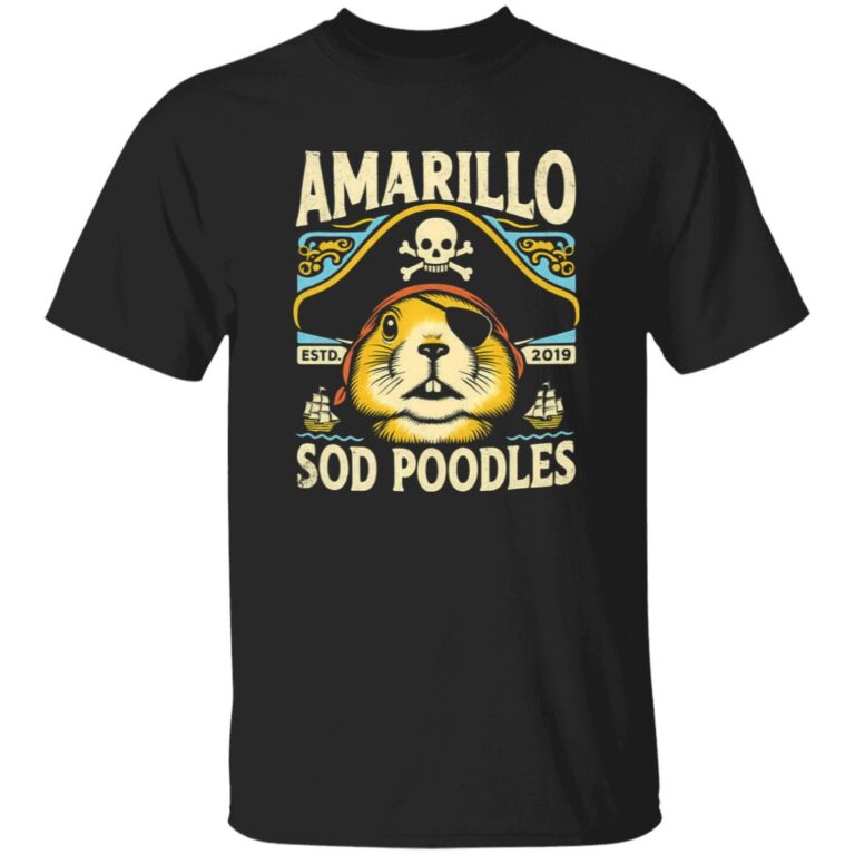 Black t-shirt with Amarillo Sod Poodles graphic design on a white background