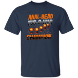 Navy blue t-shirt with 'Anal-Bead Tug-O-War Champion' text and graphic on a white background
