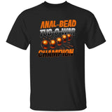 Black t-shirt with orange and white text and graphics on a white background