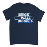 Navy blue t-shirt with 'BRICK WALL BERGER' text design on a white background