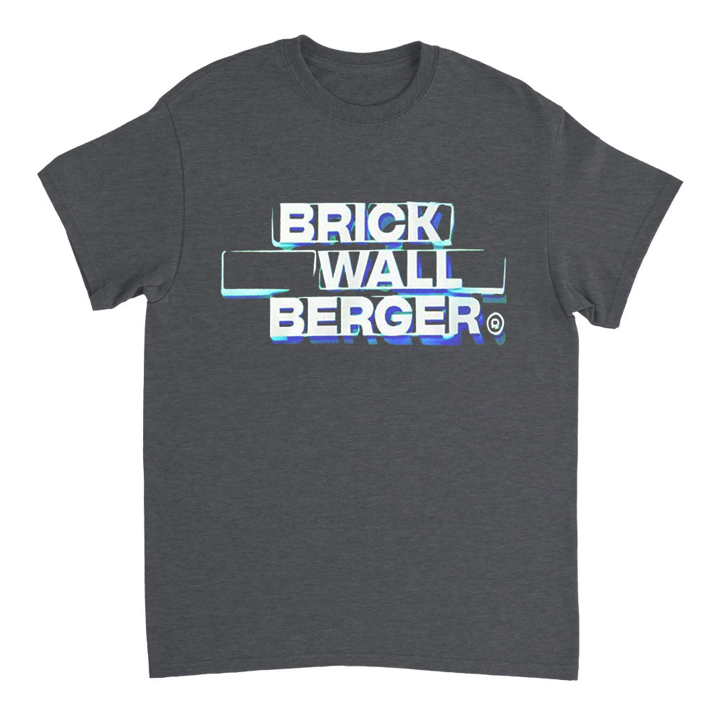 Gray t-shirt with 'BRICK WALL BERGER' text design on a white background