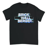 Black t-shirt with 'BRICK WALL BERGER' text design on a white background