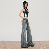 Women's Denim Blue Jeans Low Waist Slim Fit Versatile Straight Leg Wide Leg Floor Length Pants