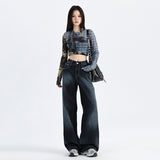 Light Blue Gradient Wide-Leg Jeans Autumn Washed Design Loose Drape Straight Trousers