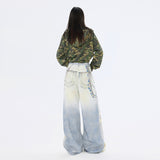 Graffiti Heart Bear Chain Curved Knife Pants High Street Loose Wide Leg Jeans for Women