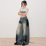 Women's Distressed Slash Denim Pants Spray Painted Vintage Loose Wide Leg Trousers