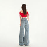 Women's Wide Leg Jeans Loose Drape Washed Straight Leg Floor Length Pants