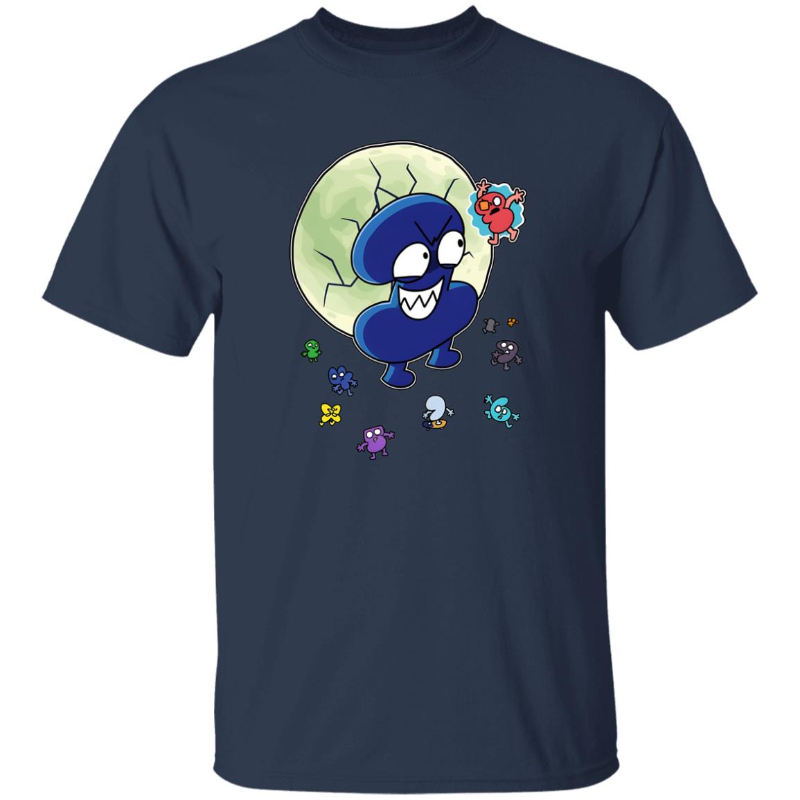 Navy blue t-shirt with cartoon character design on a white background