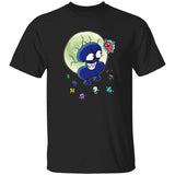 Black t-shirt with cartoon character design on a white background