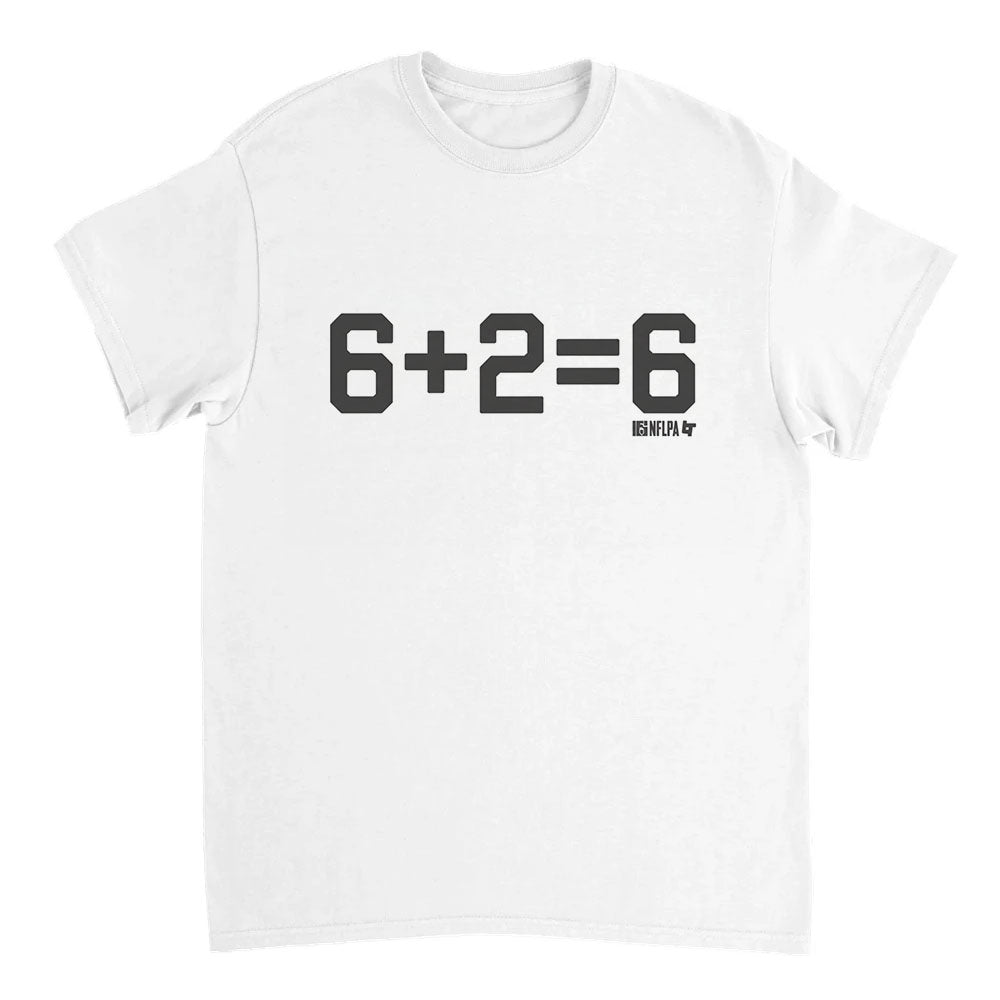 White t-shirt with black text '6+2=6' on a white background