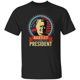 Black t-shirt with 'Bartlet for President' graphic design on a white background