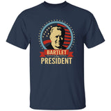Navy blue t-shirt with 'Bartlet for President' graphic design on a white background