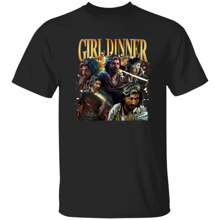 Black t-shirt with 'Girl Dinner' graphic featuring characters on a white background