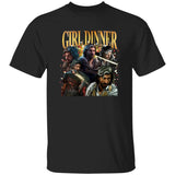 Black t-shirt with 'Girl Dinner' graphic featuring characters on a white background