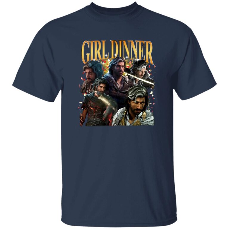 Navy blue t-shirt with 'Girl Dinner' graphic featuring characters on a white background