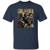 Navy blue t-shirt with 'Girl Dinner' graphic featuring characters on a white background