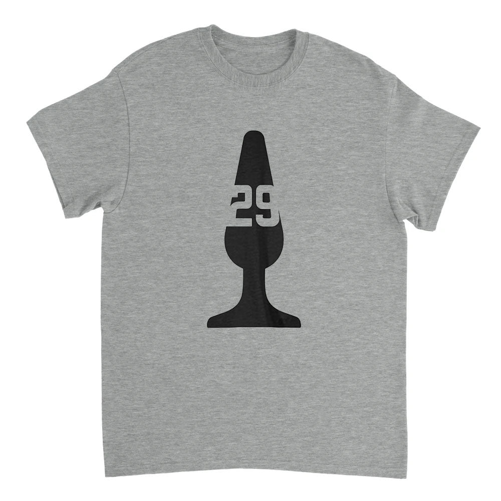 Gray t-shirt with black graphic design featuring the number 29 on a white background