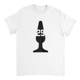 White t-shirt with black graphic design featuring the number 29 on a white background