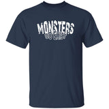 Navy blue t-shirt with white text 'MONSTERS DO EXIST' on a white background