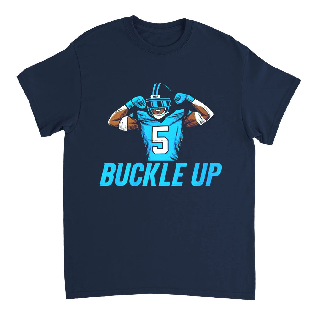 Navy blue t-shirt with a football player graphic and 'Buckle Up' text on a white background