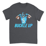 Dark gray t-shirt with a football player graphic and 'Buckle Up' text on a white background