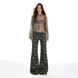 Casual Camouflage Flared Cargo Pants for Women Low Waist Wide Leg Jeans Long Style