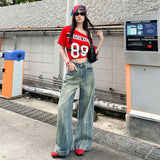 Women's Denim Pants with High Waist Loose Fit Relaxed Flare Wide Leg Trousers