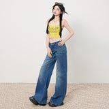 Women's Bamboo Water Washed Straight Leg Jeans Low Waist Slim Wide Leg Pants