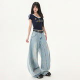 Dye-Effect Knife-Edge Denim Pants Mid-Waist Patchwork Wide-Leg Floor-Length Pants