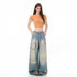 Chain Print Denim Pants Women's Casual Hip-hop Style Loose Wide Leg Tapered Fit Pants