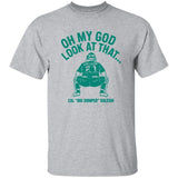 Gray t-shirt with green graphic and text on a white background