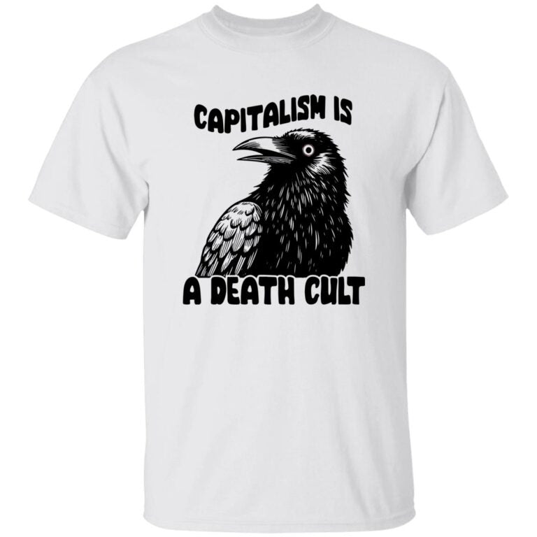 White t-shirt with a black crow graphic and text on a white background