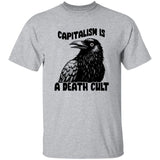 Gray t-shirt with a black raven graphic and text 'Capitalism is a Death Cult' on a white background