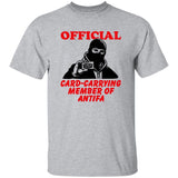 Gray t-shirt with a graphic of a person in a balaclava holding a card and text 'Official Card-Carrying Member of Antifa' on a white background.